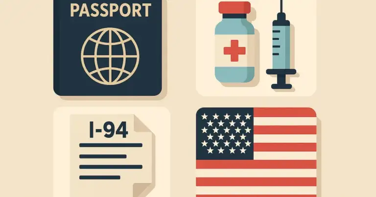 Ilustración con pasaporte, vacunas, formulario I-94 y bandera de Estados Unidos