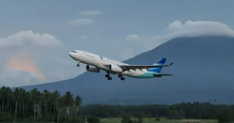 Avión de Garuda Indonesia despegando con montañas al fondo y palmeras en primer plano.