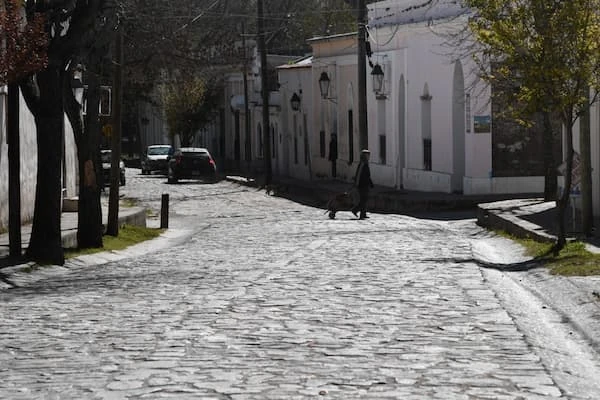 Calle empedrada con casas coloniales blancas