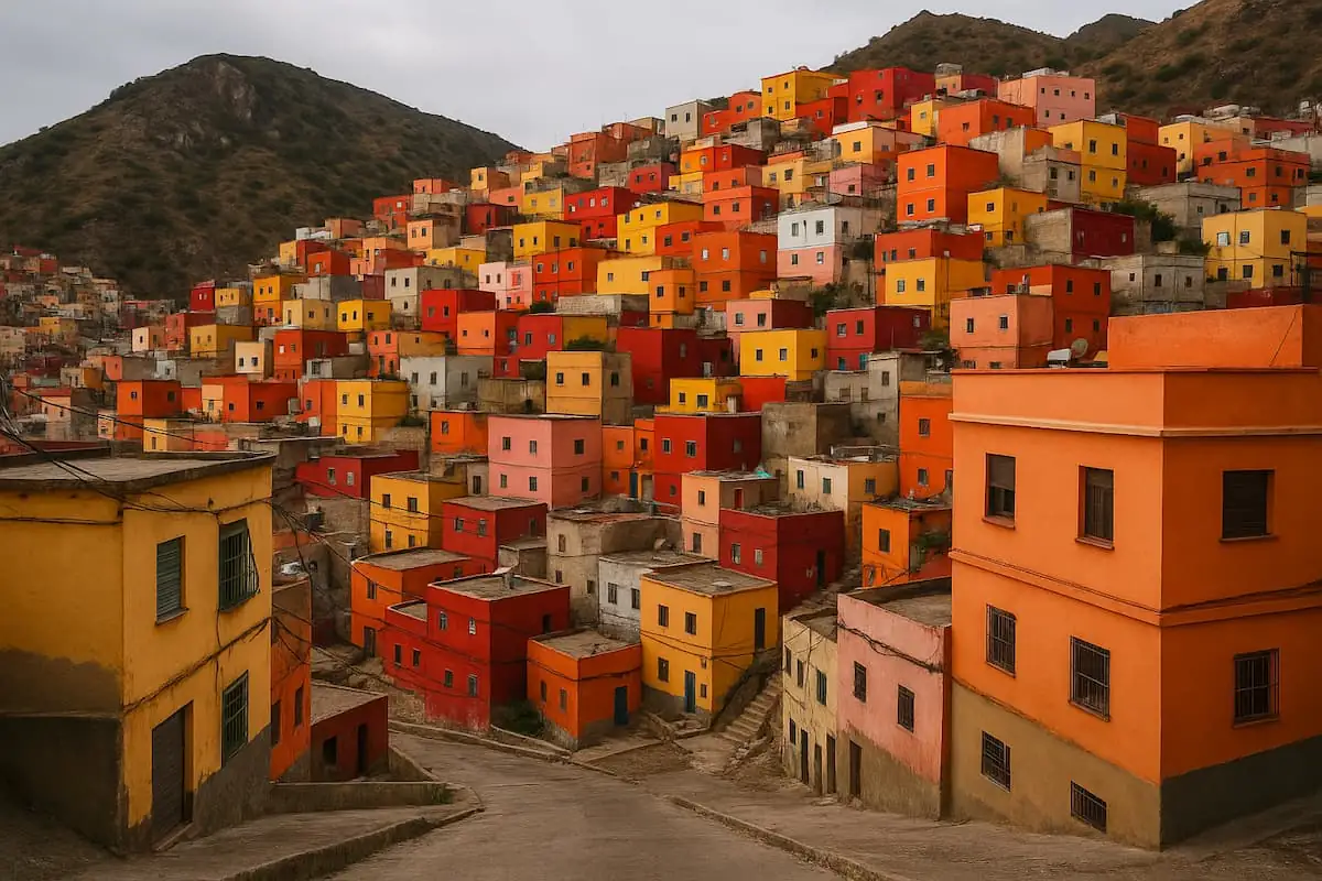 Vista panorámica del barrio El Príncipe en Ceuta, con casas de colores apiladas en una ladera.