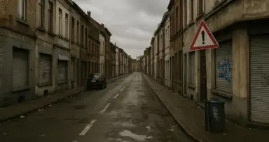 Calle europea con edificios viejos, grafitis y basura en una zona urbana deteriorada.