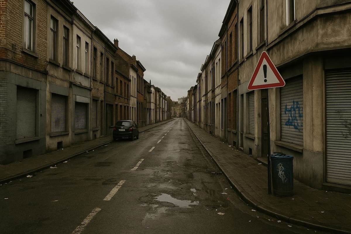 Calle europea con edificios viejos, grafitis y basura en una zona urbana deteriorada.