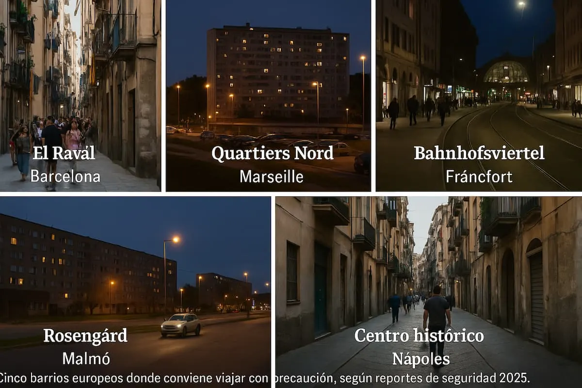 Collage de cinco barrios europeos donde conviene viajar con precaución: El Raval (Barcelona), Quartiers Nord (Marsella), Bahnhofsviertel (Fráncfort), Rosengård (Malmö) y el centro histórico de Nápoles.