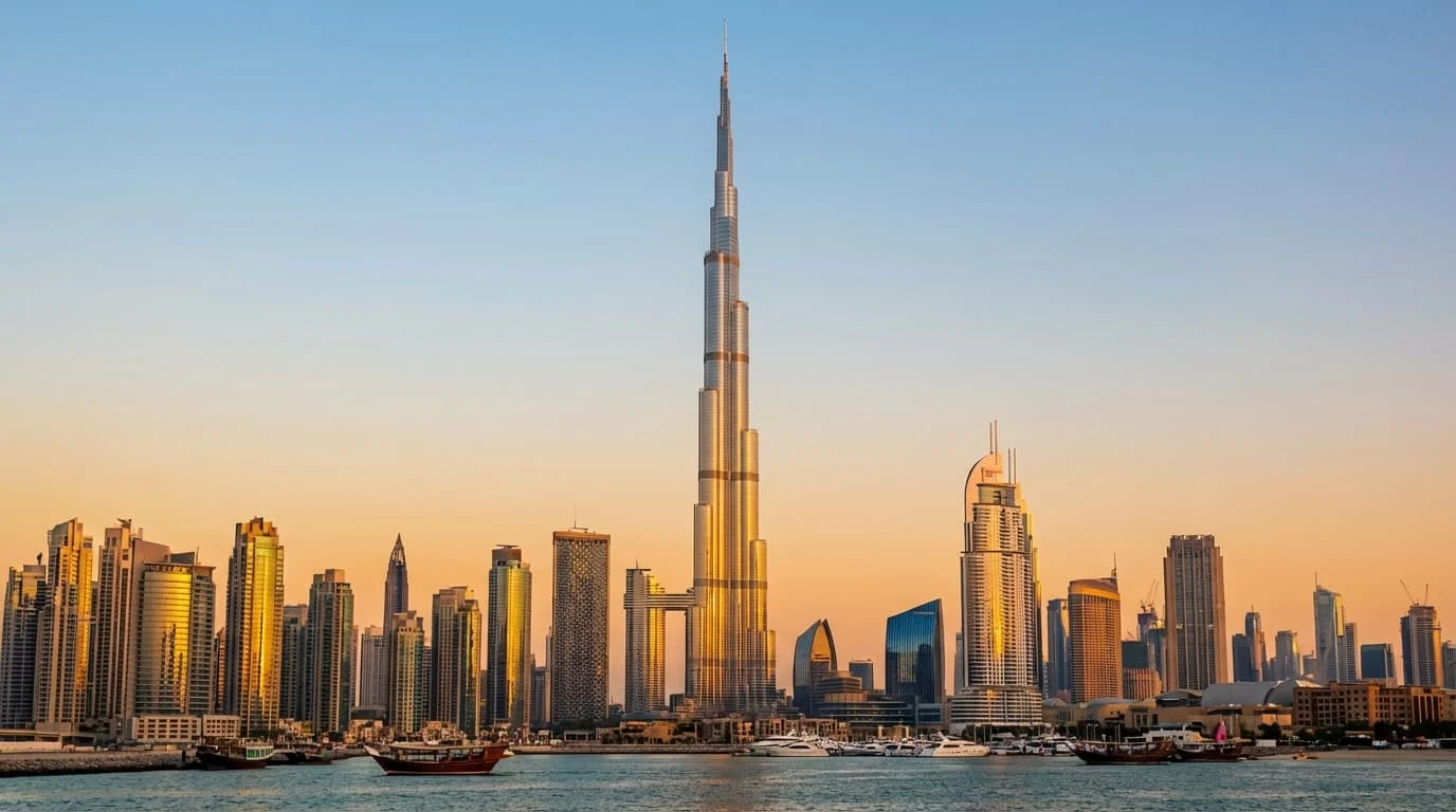 Dónde queda Dubái y cuándo conviene viajar Vista del Burj Khalifa y el skyline de Dubái al atardecer, en Emiratos Árabes Unidos