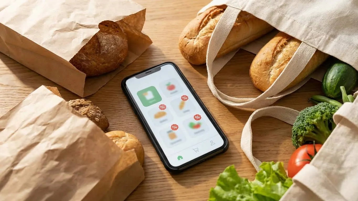 Cheaf App y el rescate de alimentos con descuento (cómo funciona y por qué crece) Celular con la app Cheaf rodeado de pan y verduras rescatadas con descuento para evitar el desperdicio de alimentos.