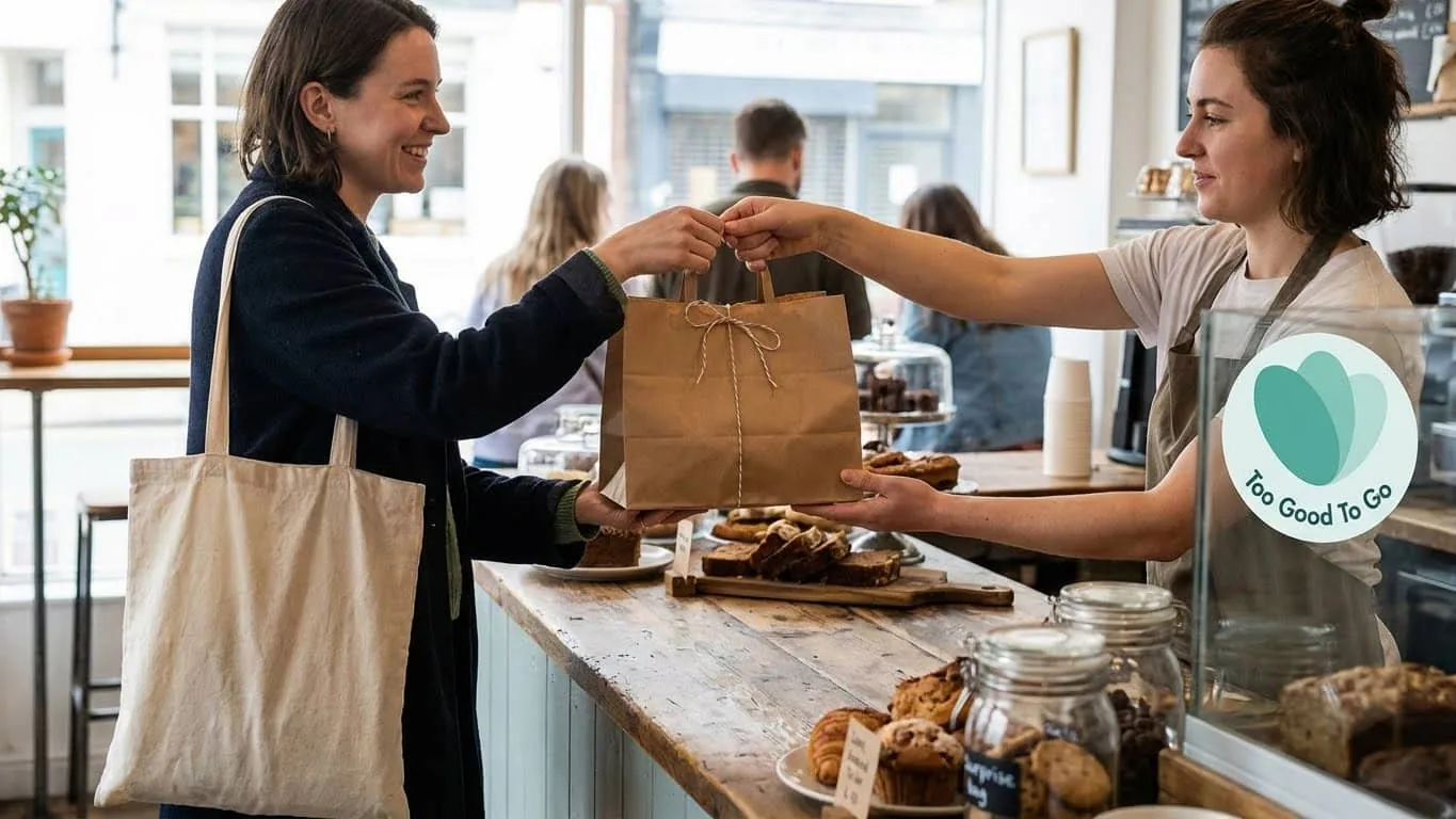 Cheaf App en comercios locales (retiro de alimentos con descuento) Cliente retirando una bolsa de alimentos con descuento en un comercio adherido a Cheaf App.