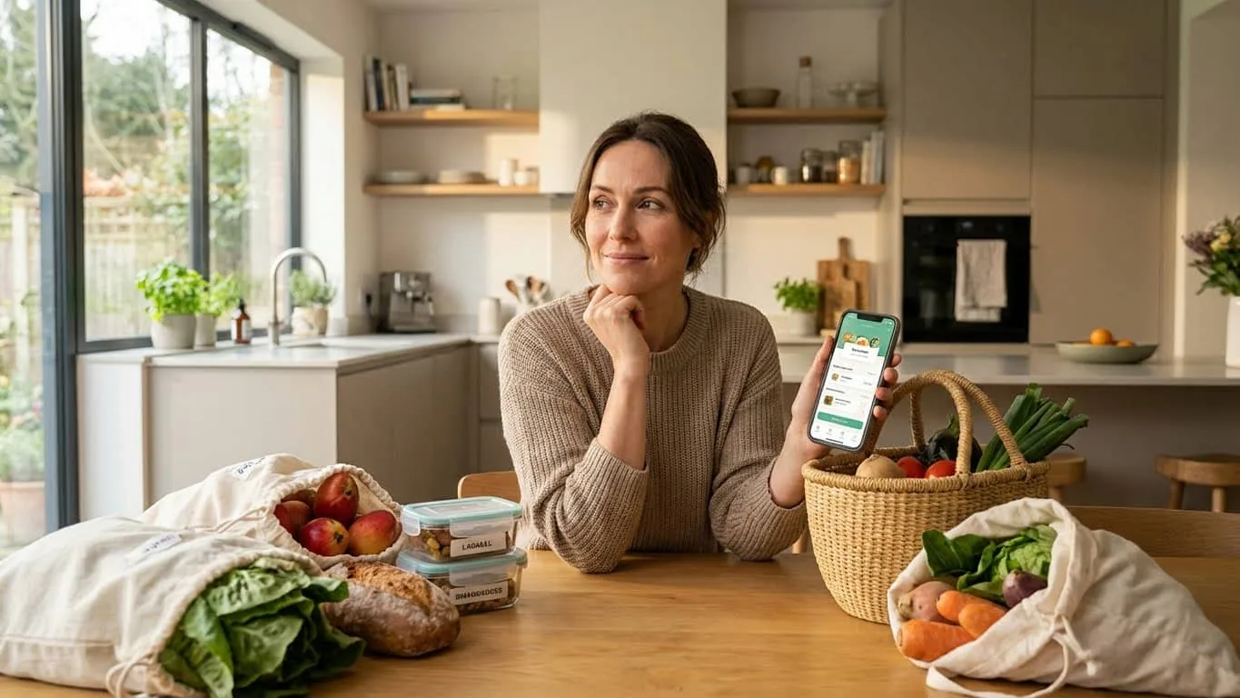 Cheaf App: rescate de alimentos con descuento y consumo consciente Usuaria mostrando la app Cheaf en el celular con alimentos rescatados con descuento en casa.