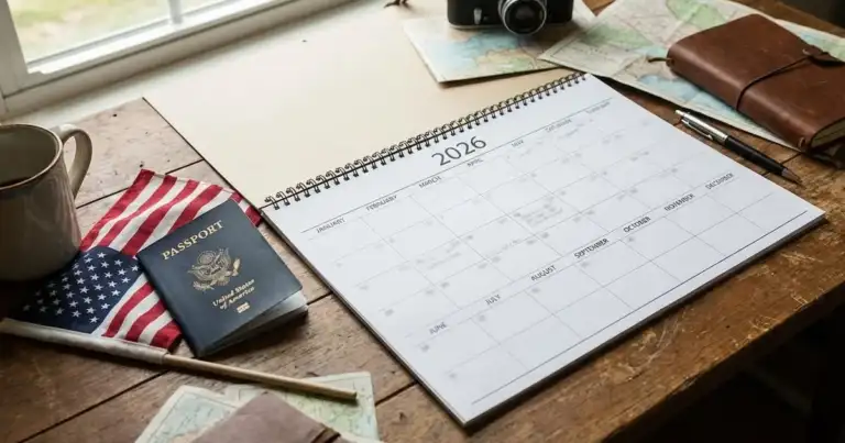 Calendario 2026 con pasaporte de Estados Unidos y planificación de viajes según feriados oficiales.