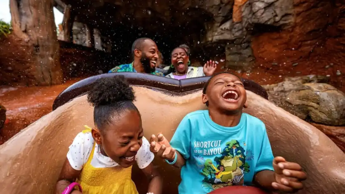 montaña rusa de disney, van 2 niños adelante en un carrito y lospadres atras