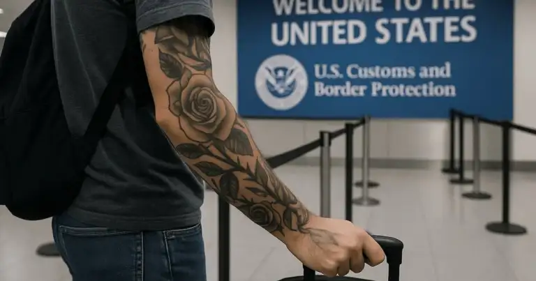 Viajero con tatuajes en el brazo esperando en el control de inmigración de Estados Unidos, ilustrando las restricciones de entrada por tatuajes visibles.