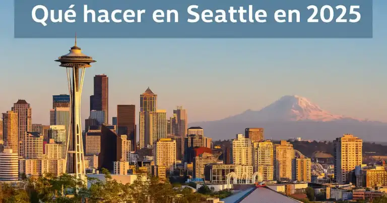 Vista panorámica de Seattle con el volcán nevado Monte Rainier al fondo y el Space Needle en primer plano.