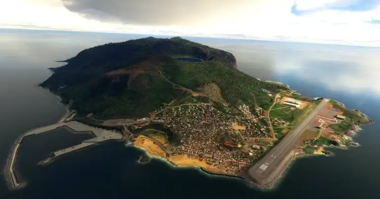 Vista aérea de Annobón, la isla africana que busca un vínculo con Argentina. Ubicada en el Golfo de Guinea, su paisaje combina playas, selva y un volcán extinto.