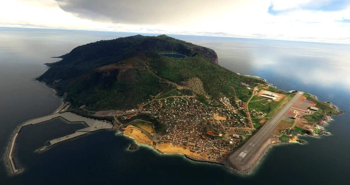 Vista aérea de Annobón, la isla africana que busca un vínculo con Argentina. Ubicada en el Golfo de Guinea, su paisaje combina playas, selva y un volcán extinto.