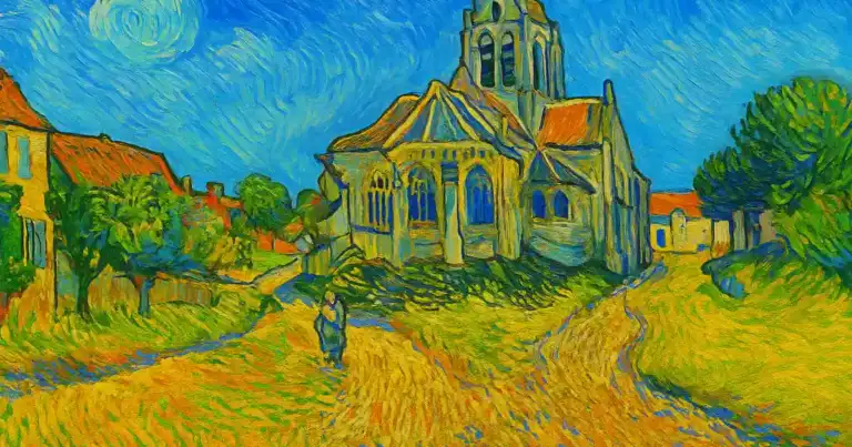 Pueblo de Auvers-sur-Oise inspirado en el estilo de Vincent van Gogh, con calles empedradas, casas antiguas y luz dorada al atardecer.