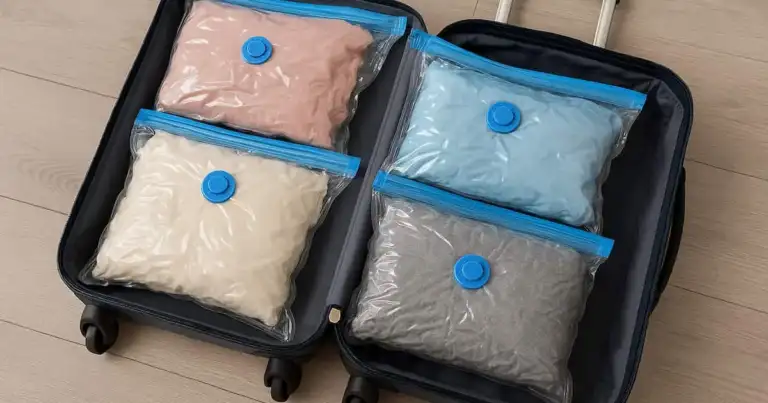 Ropa comprimida en bolsas de vacío dentro de una maleta de viaje.