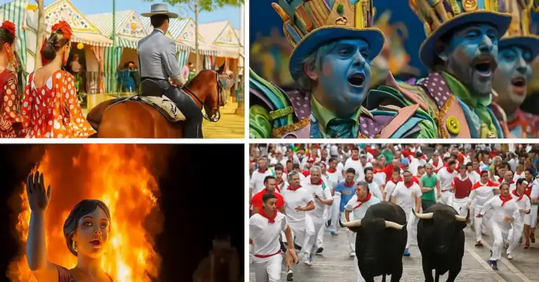Collage de las fiestas más emblemáticas de España con escenas de la Feria de Abril en Sevilla, el Carnaval de Cádiz, Las Fallas de Valencia y los Sanfermines de Pamplona.