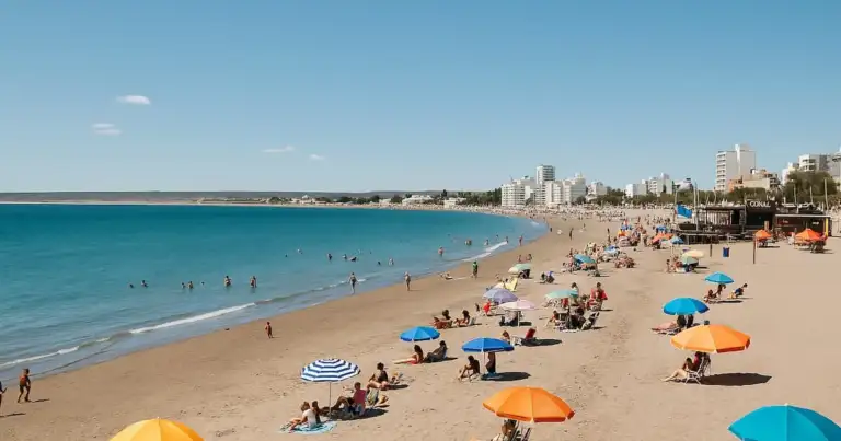 Vista panorámica de la playa de Puerto Madryn en verano, con arena clara, mar calmo y personas disfrutando del sol en la Patagonia argentina.