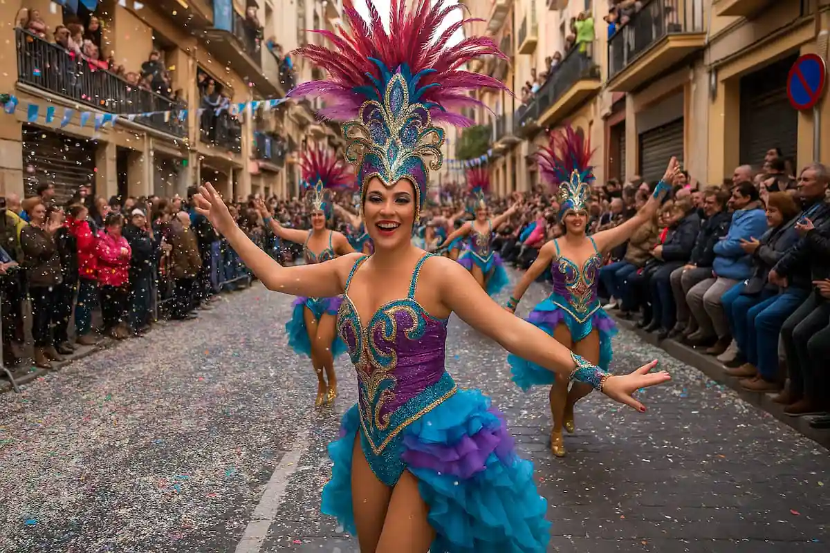 Carnavales de España: color, música y tradición. Desfile colorido de los carnavales de España con disfraces, música y alegría en las calles.