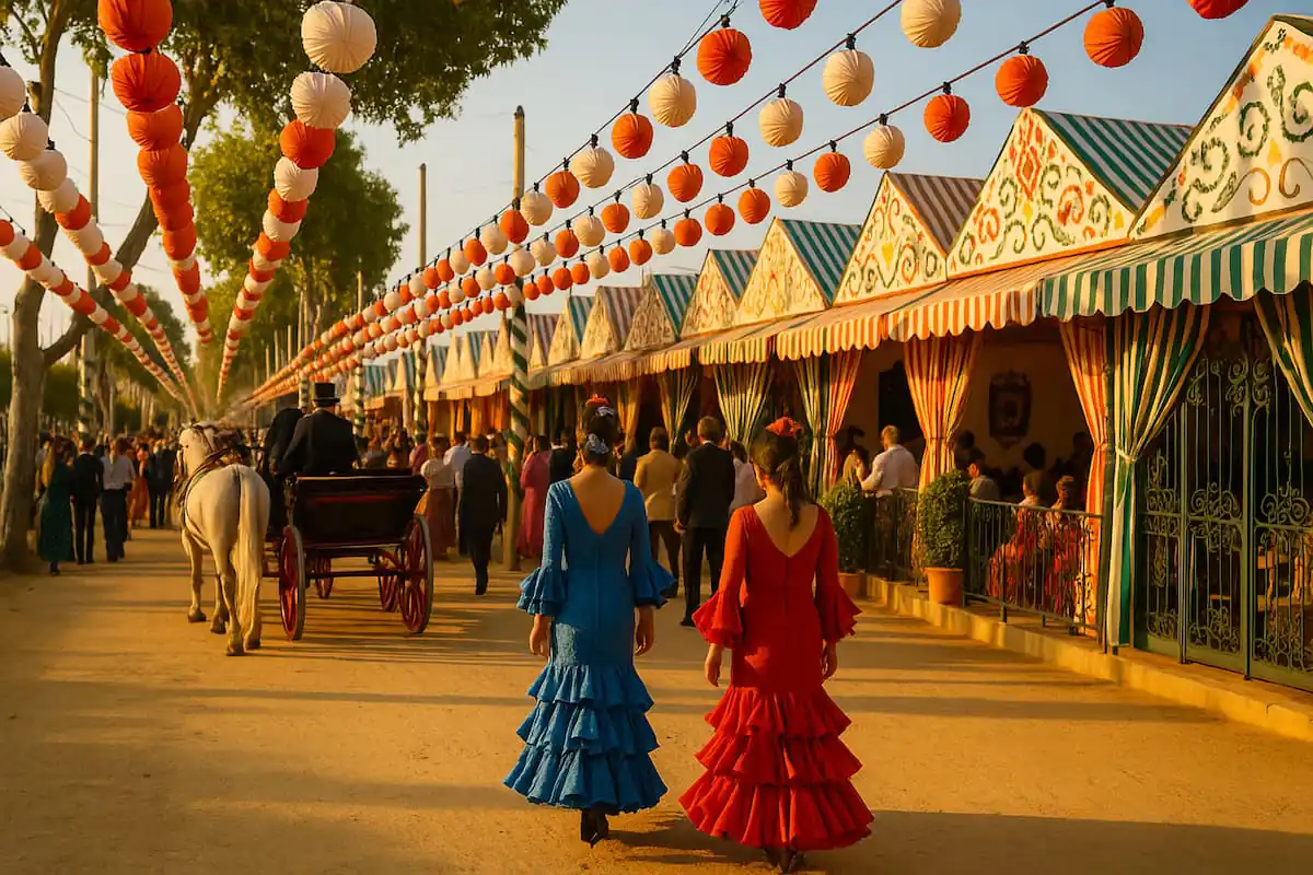 Feria de Abril de Sevilla: tradición, color y alegría andaluza Imagen de la Feria de Sevilla con caballos, trajes flamencos, casetas y farolillos en un ambiente festivo bajo el sol andaluz.