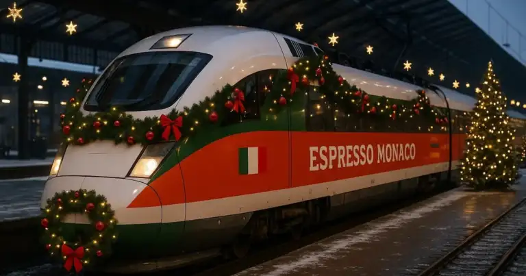 Tren Espresso Mónaco decorado para Navidad en Italia, conecta Roma y Múnich.