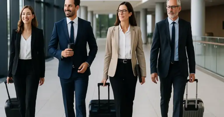 Ejecutivos y ejecutivas con maletas caminando por un aeropuerto, viajeros de negocios en turismo MICE