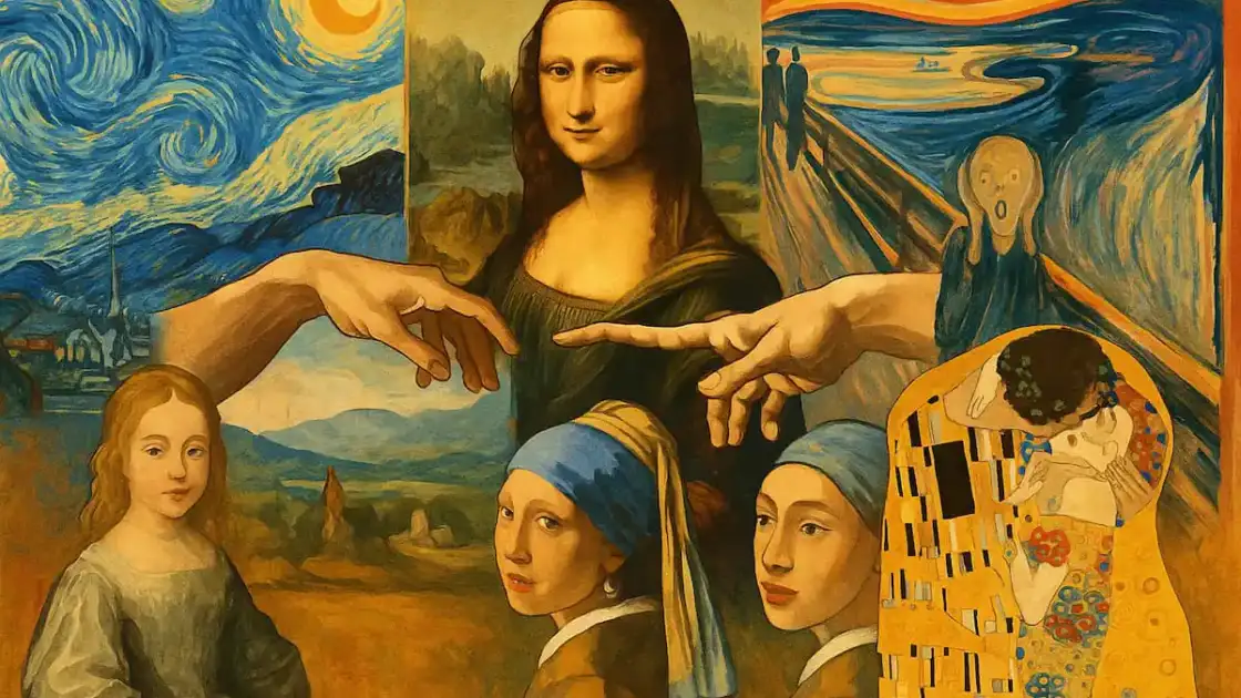 Collage artístico con representaciones de pinturas icónicas del mundo, como La Mona Lisa, La Noche Estrellada y El Grito, en un estilo ilustrativo y colorido.
