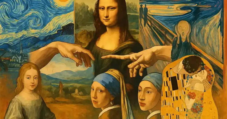Collage artístico con representaciones de pinturas icónicas del mundo, como La Mona Lisa, La Noche Estrellada y El Grito, en un estilo ilustrativo y colorido.