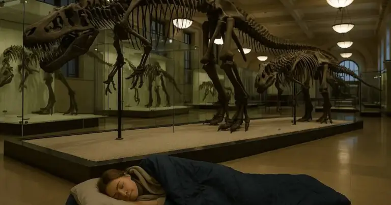 Mujer durmiendo en un saco de dormir dentro de un museo de historia natural, junto a esqueletos de dinosaurios, una experiencia turística innovadora.