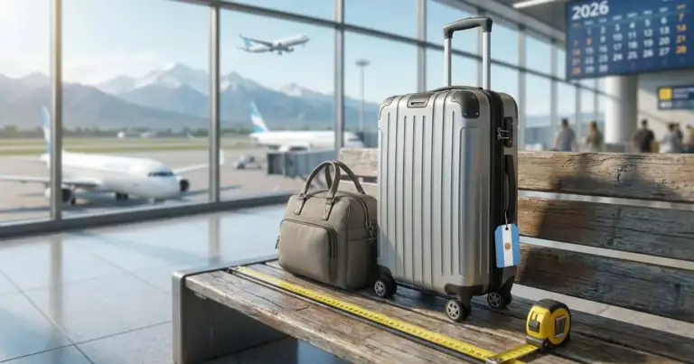 Valija de cabina con cinta métrica mostrando medidas de equipaje de mano en aeropuerto