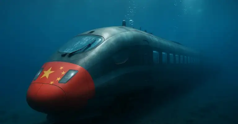 Tren de alta velocidad chino circulando por un túnel submarino en un proyecto de infraestructura avanzada.