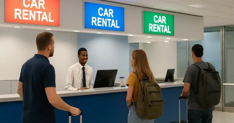 Mostrador de renta de autos en un aeropuerto con viajeros esperando atención