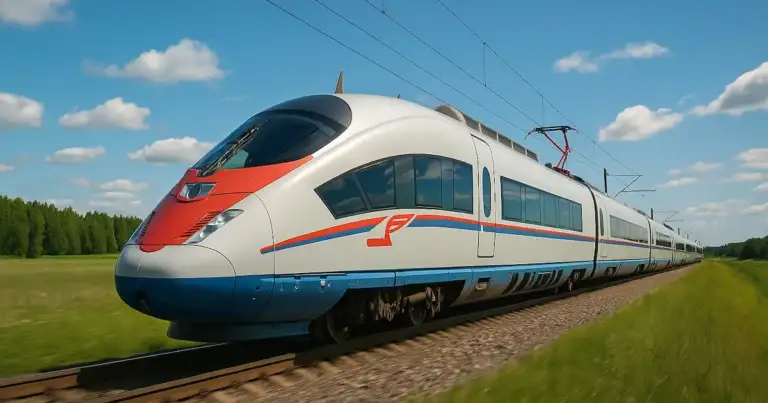 Tren de alta velocidad avanzando por el campo brasileño bajo un cielo azul, símbolo del nuevo proyecto ferroviario en América Latina.