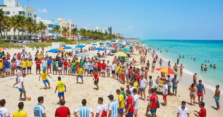 Partido de fútbol en la playa de Miami durante el Mundial 2026 con turistas y aficionados frente al mar