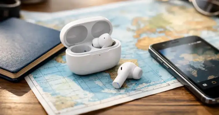 Auriculares traductores inalámbricos para viajar, apoyados sobre un mapa junto a un celular y pasaporte.