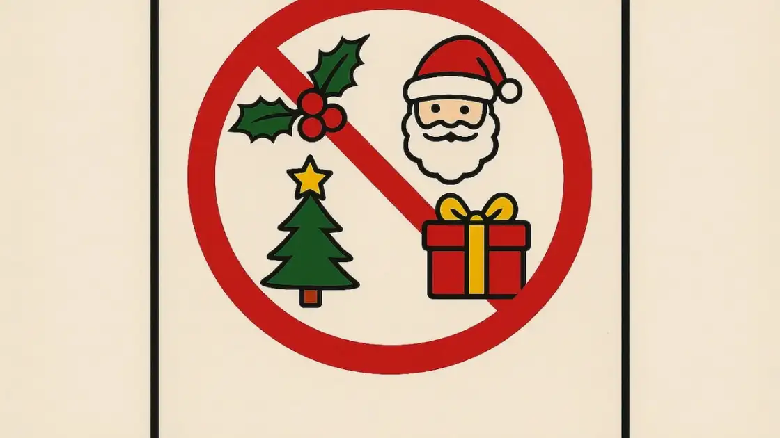 Señal con íconos navideños tachados que indica prohibición de celebrar Navidad.