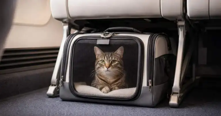 Gato viajando en avión dentro de un transportín homologado colocado debajo del asiento, una forma segura y cómoda de transportar mascotas en cabina.