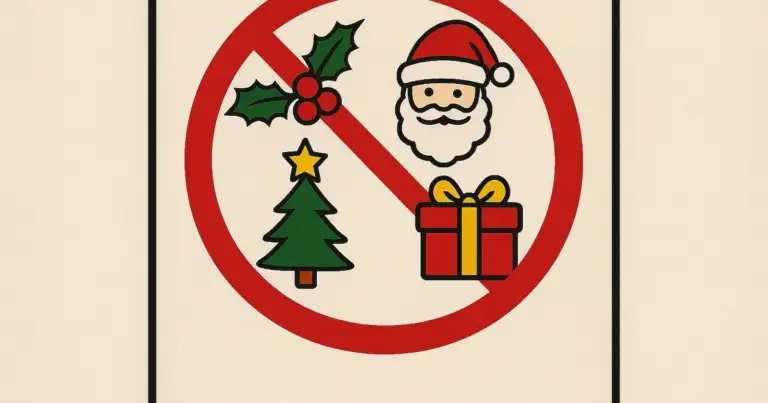 Señal con íconos navideños tachados que indica prohibición de celebrar Navidad.