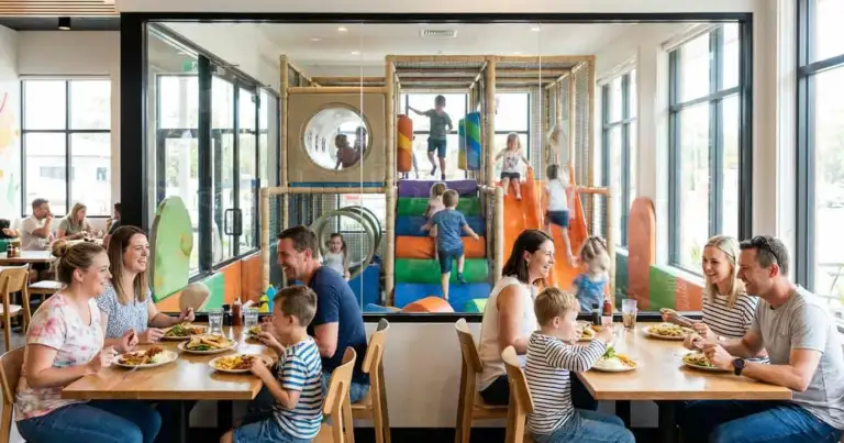 Restaurante en Buenos Aires con juegos infantiles donde familias comen mientras los niños juegan