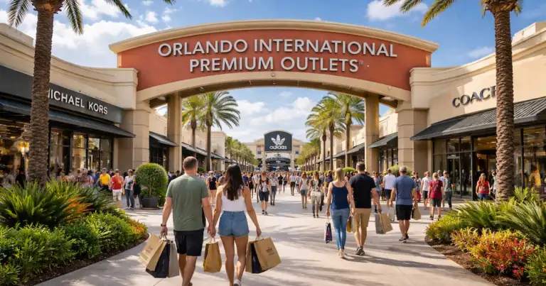 Entrada principal de Orlando International Premium Outlets con compradores recorriendo el outlet al aire libre en Orlando.