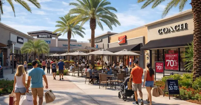 Personas caminando y disfrutando de un día soleado entre tiendas y palmeras en Tampa Premium Outlets