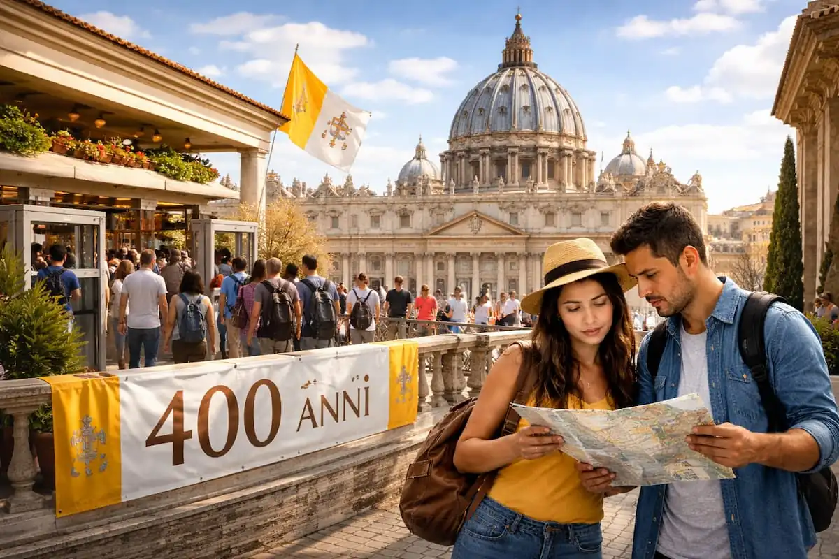 Pareja observando mapa frente a la Basílica de San Pedro