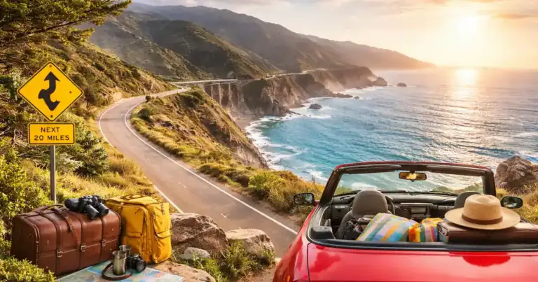 Ruta escénica de la Costa Oeste de Estados Unidos con auto descapotable, océano Pacífico y carretera junto a acantilados