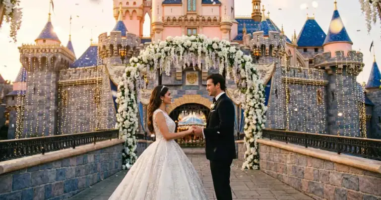 Pareja celebrando boda frente al castillo de Disney en ceremonia de cuento
