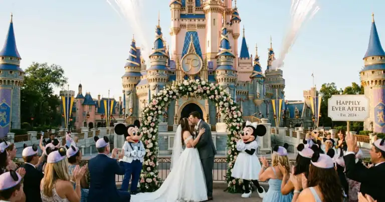 Pareja celebrando boda frente al castillo de Disney con personajes clásicos durante ceremonia temática