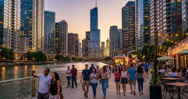 Ciudad en Estados Unidos con paseo junto al río y rascacielos, uno de los destinos más económicos para vacaciones en USA.