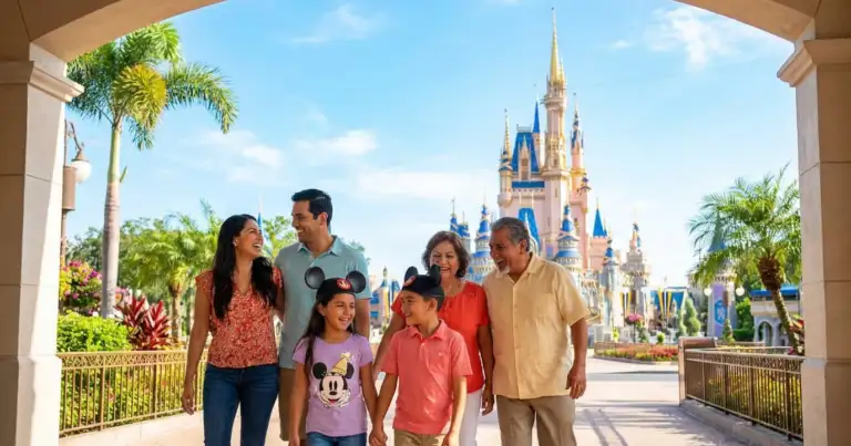 Familia mexicana en Disney World Orlando calculando cuánto cuesta viajar en 2026 con vuelos, hotel y entradas.