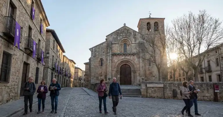 Turistas recorriendo una ciudad histórica durante Semana Santa, con calles decoradas y ambiente religioso