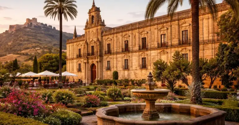 Parador histórico de España con arquitectura monumental, jardines cuidados y paisaje natural al atardecer