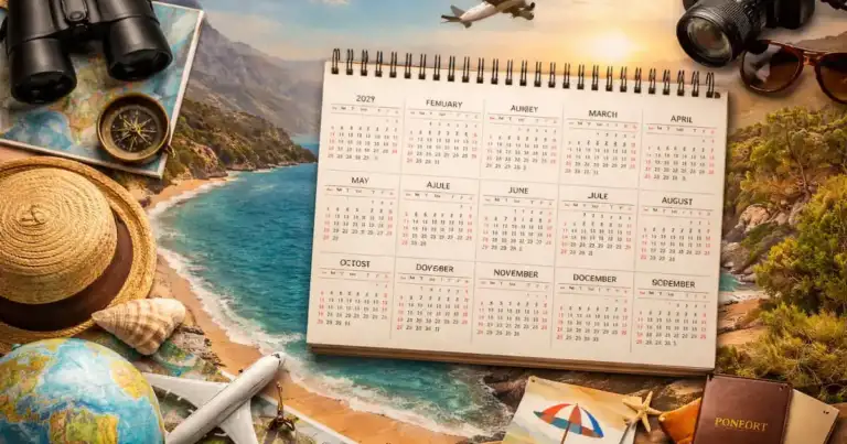 Calendario de viajes 2026 rodeado de mapa, avión y accesorios turísticos sobre una mesa con vista a la playa