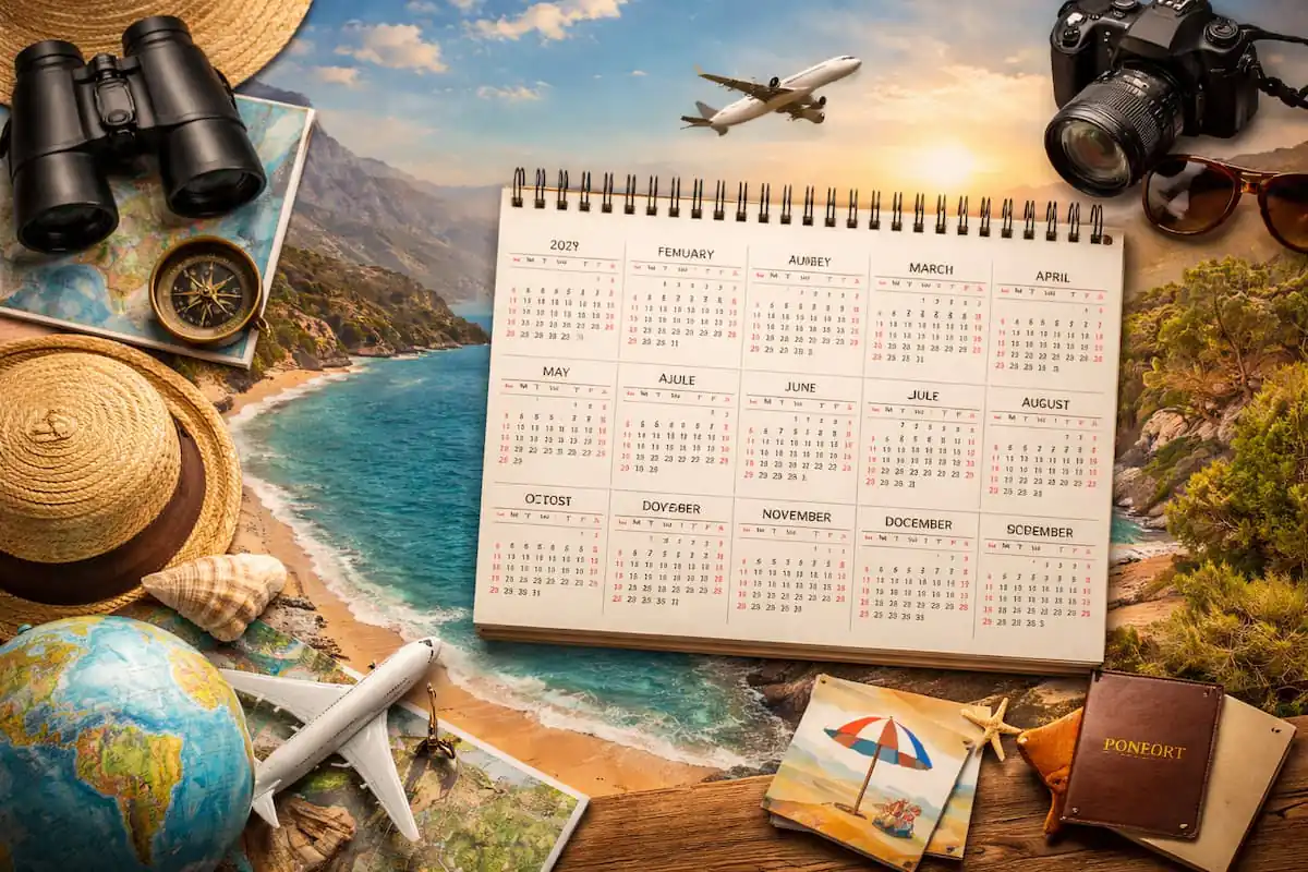 Calendario de viajes 2026 rodeado de mapa, avión y accesorios turísticos sobre una mesa con vista a la playa